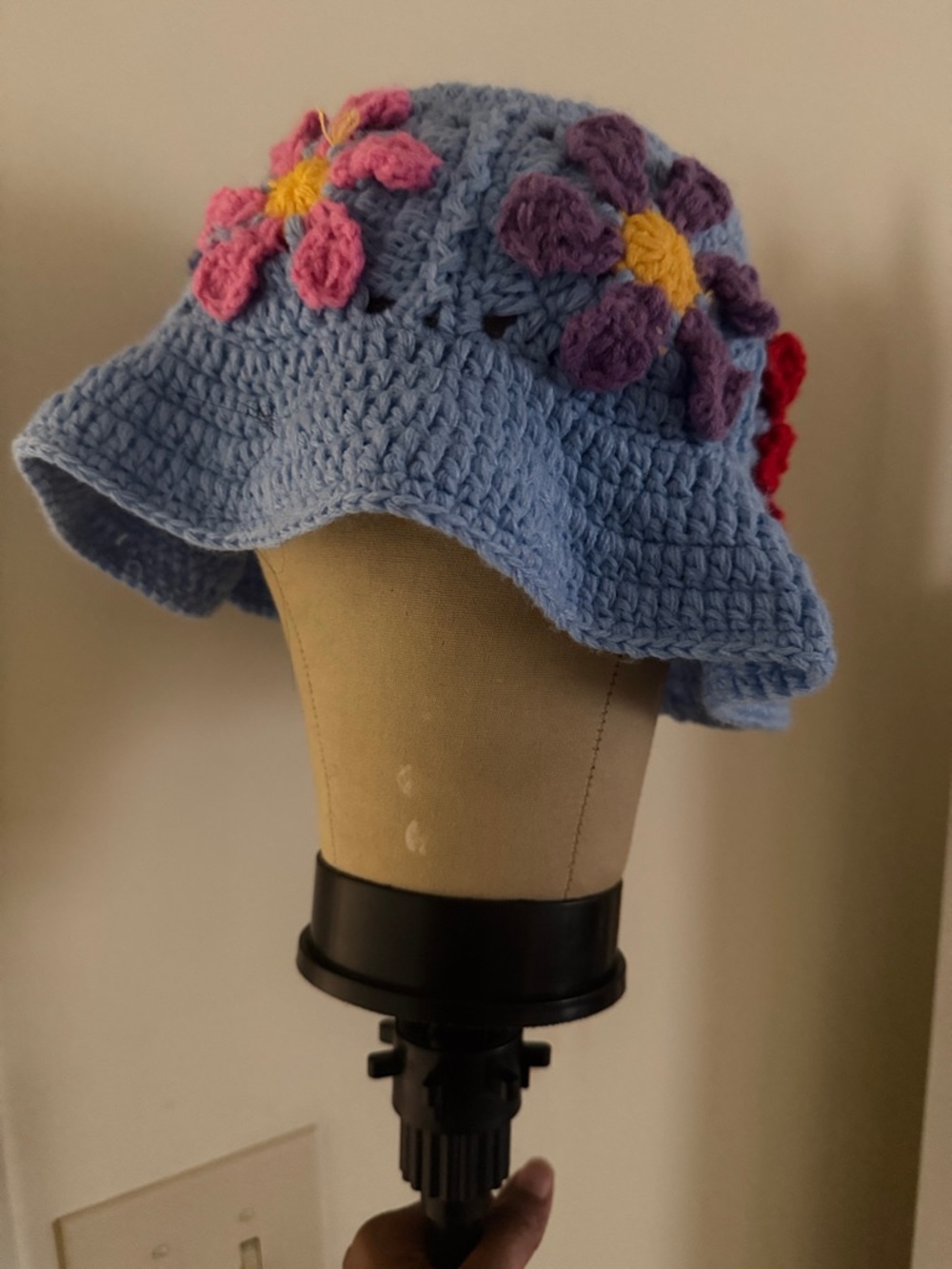 Handmade Light Blue Crochet Bucket Hat with Floral Appliqués